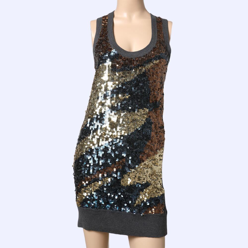 HAUTE HIPPIE Gray Rib Knit Multicolored Sequin Silk Blend Tank Mini Dress